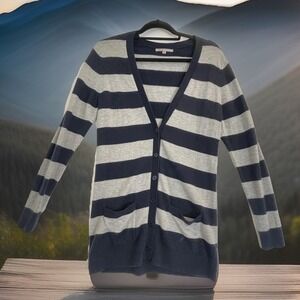 Gap Sweater Womens Small Blue Striped V Neck Button Cardigan Pockets Wool Blend